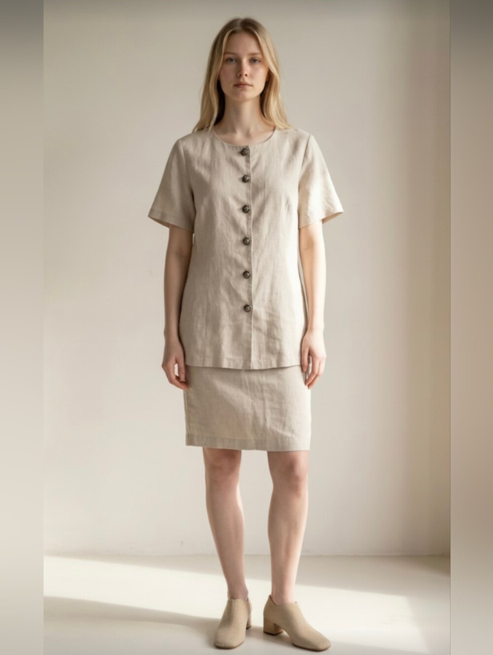 MORE PROMISES! FLAX BLEND OAT CREAM, PEARL DETAIL SKIRT & TOP SUIT SET! SZ 18W